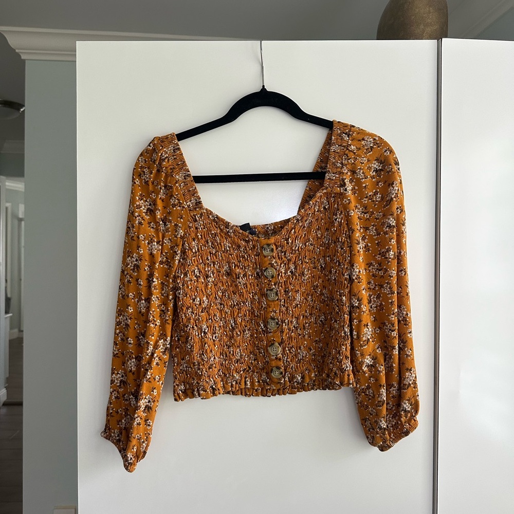 Floral Smocked Button-Down Top - Mustard